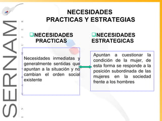 NECESIDADES  PRACTICAS Y ESTRATEGIAS NECESIDADES PRACTICAS Necesidades inmediatas y generalmente sentidas que apuntan a la situación y no cambian el orden social existente   Apuntan a cuestionar la condición de la mujer, de esta forma se responde a la posición subordinada de las mujeres en la sociedad frente a los hombres   NECESIDADES ESTRATEGICAS 