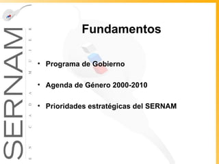 Fundamentos Programa de Gobierno Agenda de Género 2000-2010 Prioridades estratégicas del SERNAM 