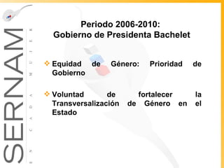 Periodo 2006-2010:  Gobierno de Presidenta Bachelet Equidad de Género: Prioridad de Gobierno Voluntad de fortalecer la Transversalización de Género en el Estado 