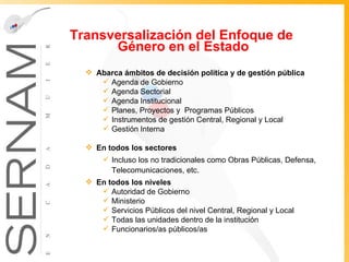 Transversalización del Enfoque de  Género en el Estado Abarca ámbitos de decisión política y de gestión pública Agenda de Gobierno  Agenda Sectorial  Agenda Institucional  Planes, Proyectos y  Programas Públicos Instrumentos de gestión Central, Regional y Local Gestión Interna  En todos los sectores Incluso los no tradicionales como Obras Públicas, Defensa, Telecomunicaciones, etc. En todos los niveles Autoridad de Gobierno Ministerio Servicios Públicos del nivel Central, Regional y Local Todas las unidades dentro de la institución Funcionarios/as públicos/as 