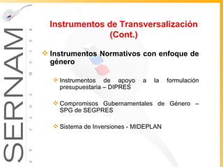 Instrumentos de Transversalización (Cont.) Instrumentos Normativos con enfoque de género Instrumentos de apoyo a la formulación presupuestaria – DIPRES  Compromisos Gubernamentales de Género – SPG de SEGPRES Sistema de Inversiones - MIDEPLAN 