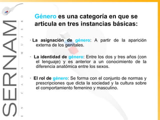 Género  es una categoría en que se articula en tres instancias básicas: ·  La asignación de  género : A partir de la aparición externa de los genitales. ·   La identidad de  género : Entre los dos y tres años (con el lenguaje) y es anterior a un conocimiento de la diferencia anatómica entre los sexos. ·   El rol de  género : Se forma con el conjunto de normas y prescripciones que dicta la sociedad y la cultura sobre el comportamiento femenino y masculino.    