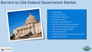 Barriers to USA Federal Government Market
• Competition
• Contract Vehicles
• Set Asides / SB Goals
• Past Performance
• Financial Considerations
• Low Price Technically Acceptable
• Federal Acquisition Regulations
• Cost Accounting Standards
• US-based Delivery
• Foreign Ownership, Control or Influence
• Budget Constraints
8
 