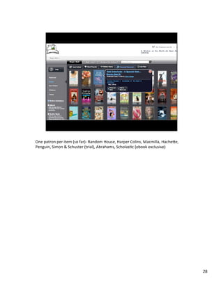 One	
 ?patron	
 ?per	
 ?item	
 ?(so	
 ?far)-?\	
 ?Random	
 ?House,	
 ?Harper	
 ?Colins,	
 ?Macmilla,	
 ?Hachebe,	
 ?
Penguin,	
 ?Simon	
 ?&	
 ?Schuster	
 ?(trial),	
 ?Abrahams,	
 ?ScholasJc	
 ?(ebook	
 ?exclusive)	
 ?

28	
 ?

 