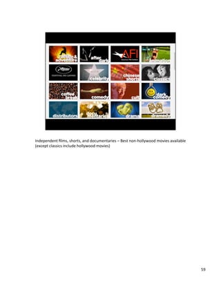 Independent	
 ??lms,	
 ?shorts,	
 ?and	
 ?documentaries	
 ?C	
 ?Best	
 ?non-?\hollywood	
 ?movies	
 ?available	
 ?
(except	
 ?classics	
 ?include	
 ?hollywood	
 ?movies)	
 ?

59	
 ?

 