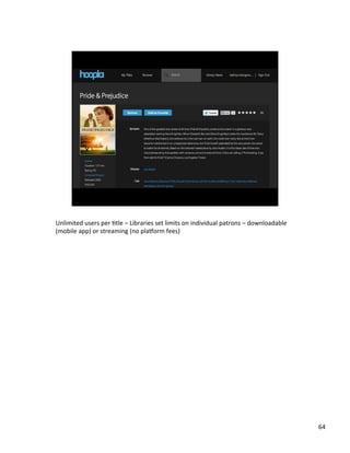 Unlimited	
 ?users	
 ?per	
 ?Jtle	
 ?C	
 ?Libraries	
 ?set	
 ?limits	
 ?on	
 ?individual	
 ?patrons	
 ?C	
 ?downloadable	
 ?
(mobile	
 ?app)	
 ?or	
 ?streaming	
 ?(no	
 ?plavorm	
 ?fees)	
 ?

64	
 ?

 