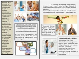 Moragas (1992)
opina que la
Gerontología no
constituye una
disciplina o
profesión
autónoma, sino
simplemente un
enfoque peculiar.
Las diferentes
preguntas o
problemas que
plantea el
envejecimiento-
entendido como
un fenómeno
humano, tal como
la niñez o la edad
adulta-, en la
sociedad
contemporánea
pueden y deben
ser resueltas por
las disciplinas o
profesiones
implicadas en la
gerontología
medicina,
psicología,
pedagogía, trabajo
social, derecho,
con un enfoque
gerontológico.
La Gerontología, o Ciencia de la Vejez,
es considerada como la ciencia madre,
y se divide en cuatro apartados:
Gerontología biológica o experimental:
Es una ciencia multidisciplinar que
pretende conocer tanto los íntimos
mecanismos del envejecimiento como
su etiopatogenia.
En el objetivo de retardar el envejecimiento, o
“envejecer más y mejor”, ocupa un lugar destacado la
gerontología biológica preventiva, que se divide en diferentes
apartados:
Prevención farmacológica. Con la utilización de medicamentos
como los antioxidantes, vitaminoterapia E, magnoterapia, etc.
•Prevención dietética-
higiénico-psicológica.
El clima y la ecología
también tienen una
gran influencia en el
envejecimiento.
•Gerontología clínica o geriatría:
Según Rubies Ferrer (1989),
clásicamente se define la geriatría
como “la ciencia médica cuyo fin es
el diagnóstico de las enfermedades
de la vejez, su curación,
rehabilitación y reinserción del
enfermo en su hábitat (casa o
institución) a esto hay que añadir la
prevención de dichas
enfermedades”.
 