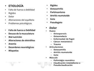 • ETIOLOGÍA
• Falta de fuerza o debilidad
• Rigidez
• Dolor
• Alteraciones del equilibrio
• Problemas psicológicos
• Falta de fuerza o Debilidad
• Desuso de la musculatura
• Mal nutrición
• Alteraciones de eletrólitos
• Anemia
• Desordenes neurológicos
• Miopatías
• Rigidez
• Osteoartritis
• Parkinsonismo
• Artritis reumatoide
• Gota
• Pseudogota
 