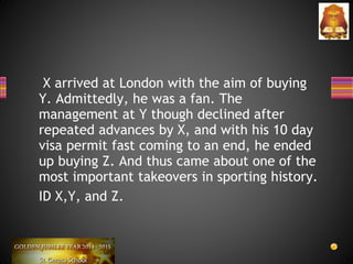 X arrived at London with the aim of buying
Y. Admittedly, he was a fan. The
management at Y though declined after
repeated advances by X, and with his 10 day
visa permit fast coming to an end, he ended
up buying Z. And thus came about one of the
most important takeovers in sporting history.
ID X,Y, and Z.
 