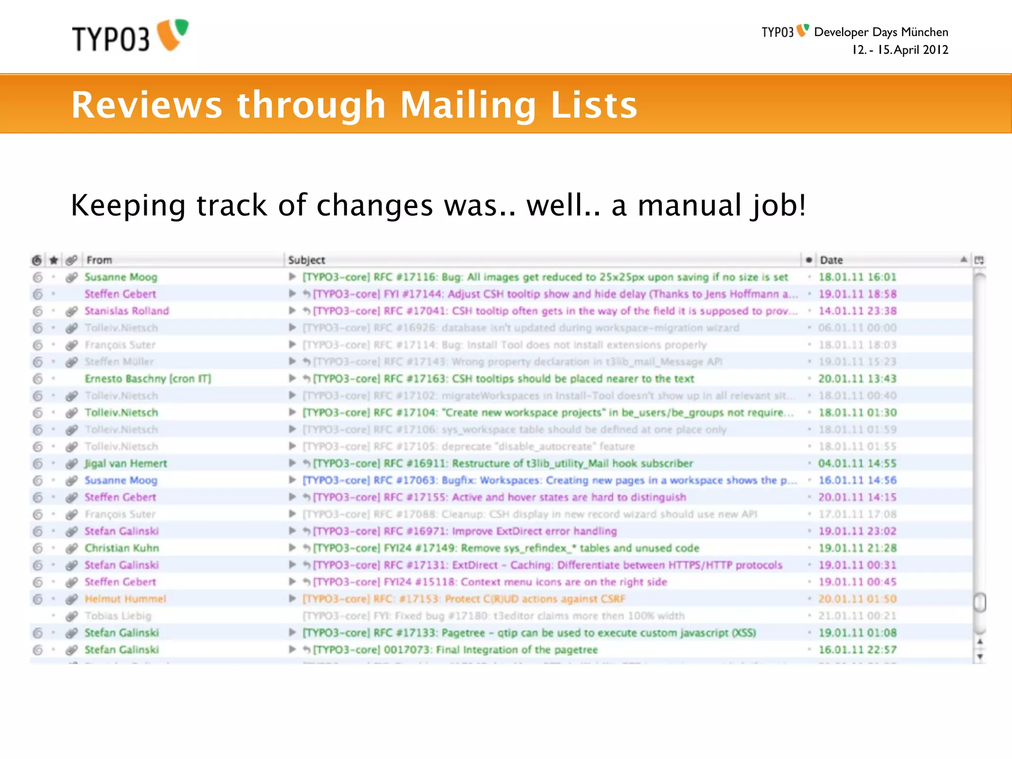 Developer Days München
                                                            12. - 15. April 2012



Reviews through Mailing Lists

Keeping track of changes was.. well.. a manual job!
 