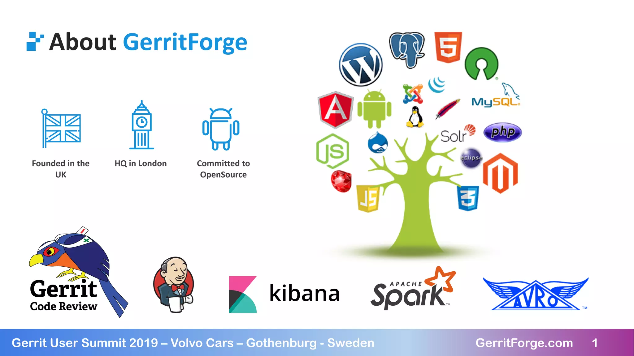1Gerrit User Summit 2019 – Volvo Cars – Gothenburg - Sweden GerritForge.com 1
About GerritForge
Founded in the
UK
HQ in London Committed to
OpenSource
 
