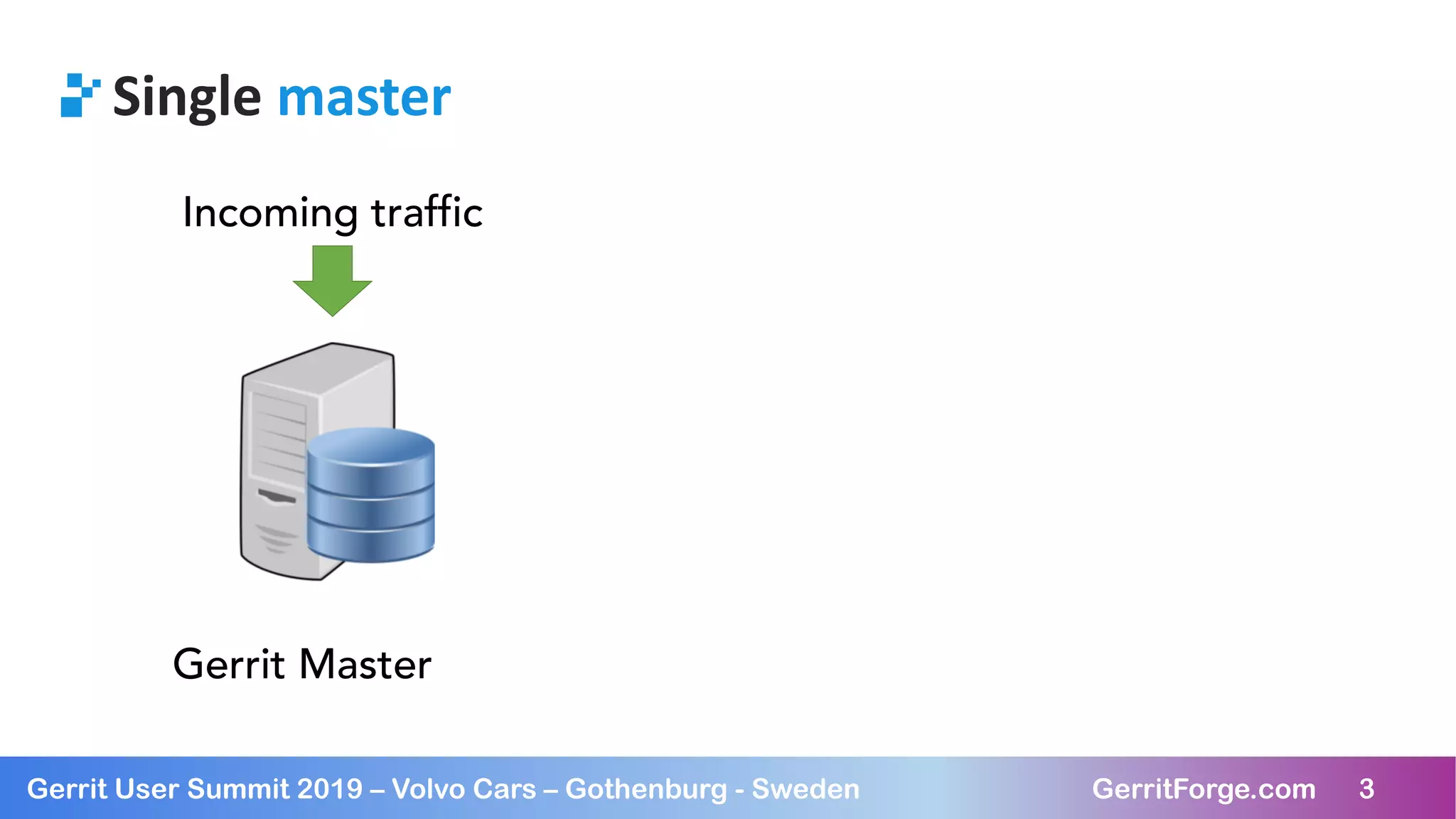 3Gerrit User Summit 2019 – Volvo Cars – Gothenburg - Sweden GerritForge.com 3
Single master
Gerrit Master
Incoming traffic
 