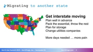 8
Gerrit User Summit 2019 – GerritForge, Inc. – Sunnyvale CA GerritForge.com 8
Migrating to another state
Get interstate m...