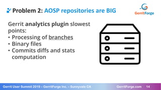 14
Gerrit User Summit 2019 – GerritForge Inc. – Sunnyvale CA GerritForge.com 14
Problem 2: AOSP repositories are BIG
Gerri...