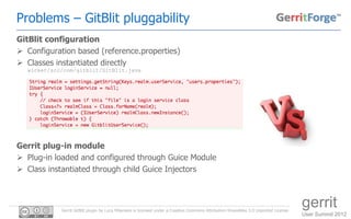 Problems – GitBlit pluggability
GitBlit configuration
 Configuration based (reference.properties)
 Classes instantiated ...