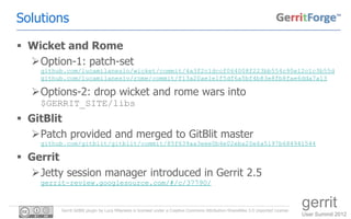 Solutions

 Wicket and Rome
  Option-1: patch-set
    github.com/lucamilanesio/wicket/commit/4a3f2c1dccf064008f223bb554c...