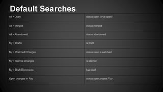 Default Searches
All > Open status:open (or is:open)
All > Merged status:merged
All > Abandoned status:abandoned
My > Drafts is:draft
My > Watched Changes status:open is:watched
My > Starred Changes is:starred
My > Draft Comments has:draft
Open changes in Foo status:open project:Foo
 