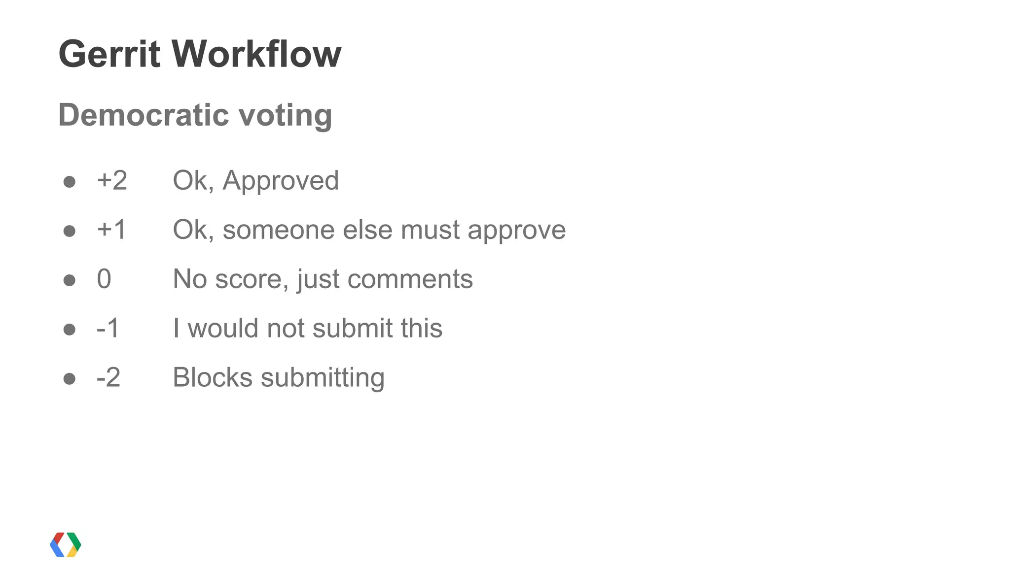 Gerrit Workflow
Democratic voting
● +2 Ok, Approved
● +1 Ok, someone else must approve
● 0 No score, just comments
● -1 I would not submit this
● -2 Blocks submitting
 