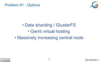 21 .io
Problem #1 - Options
• Data sharding / GlusterFS
• Gerrit virtual hosting
• Massively increasing central node
 