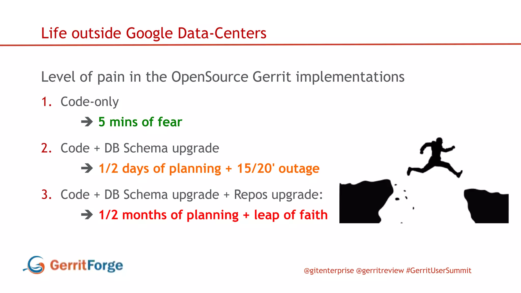@gitenterprise @gerritreview #GerritUserSummit
Life outside Google Data-Centers
Level of pain in the OpenSource Gerrit implementations
1. Code-only
 5 mins of fear
2. Code + DB Schema upgrade
 1/2 days of planning + 15/20' outage
3. Code + DB Schema upgrade + Repos upgrade:
 1/2 months of planning + leap of faith
 