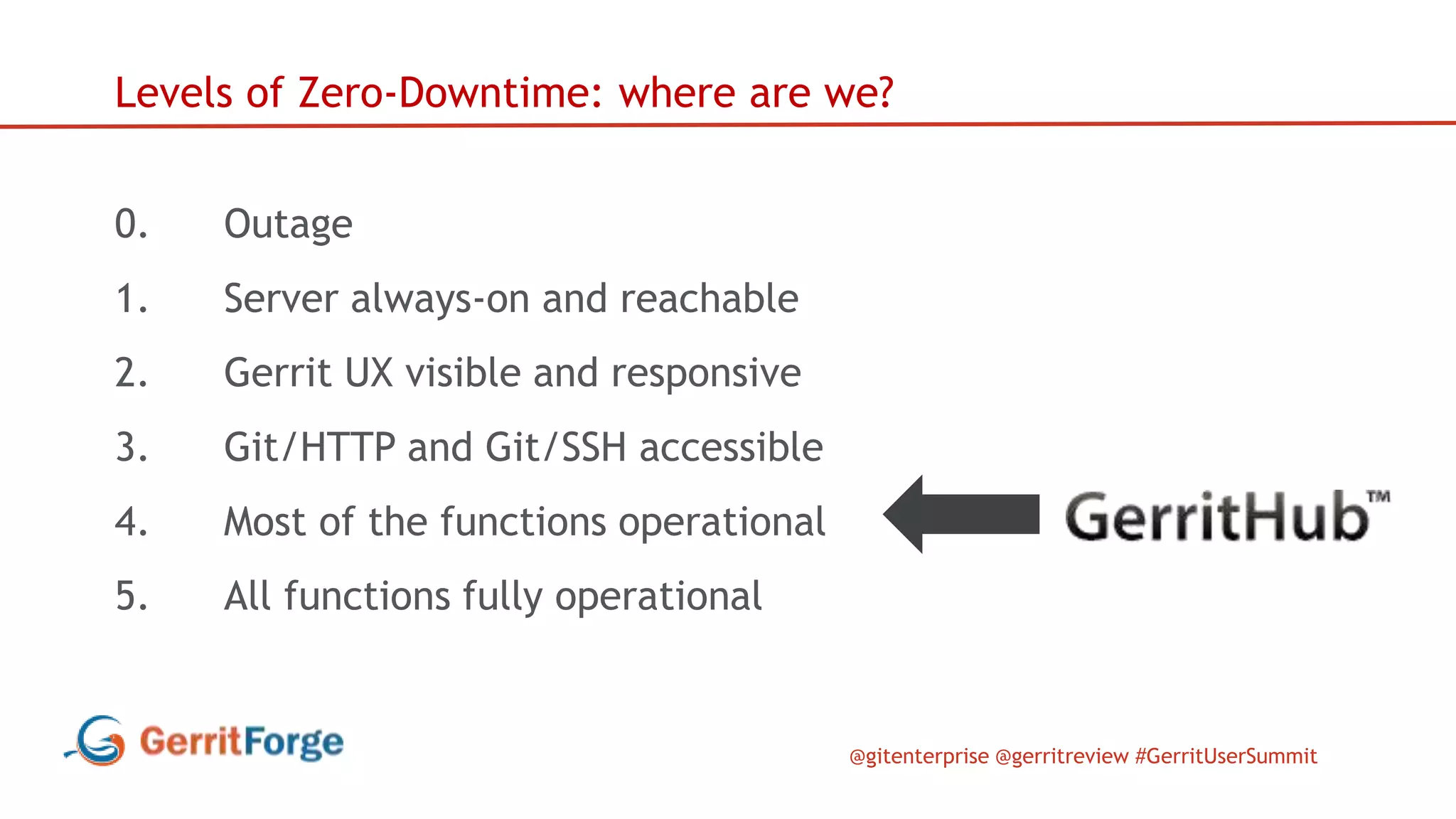 @gitenterprise @gerritreview #GerritUserSummit
Levels of Zero-Downtime: where are we?
0. Outage
1. Server always-on and reachable
2. Gerrit UX visible and responsive
3. Git/HTTP and Git/SSH accessible
4. Most of the functions operational
5. All functions fully operational
 