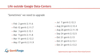 @gitenterprise @gerritreview #GerritUserSummit
Life outside Google Data-Centers
"Sometimes" we need to upgrade
– Feb 2 ger...
