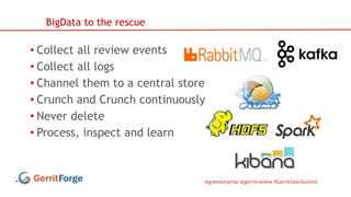 @gitenterprise @gerritreview #GerritUserSummit
• Collect all review events
• Collect all logs
• Channel them to a central store
• Crunch and Crunch continuously
• Never delete
• Process, inspect and learn
BigData to the rescue
 