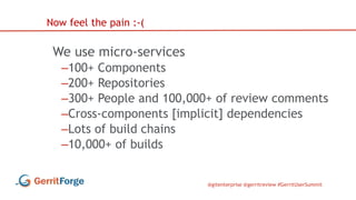 @gitenterprise @gerritreview #GerritUserSummit
We use micro-services
–100+ Components
–200+ Repositories
–300+ People and ...