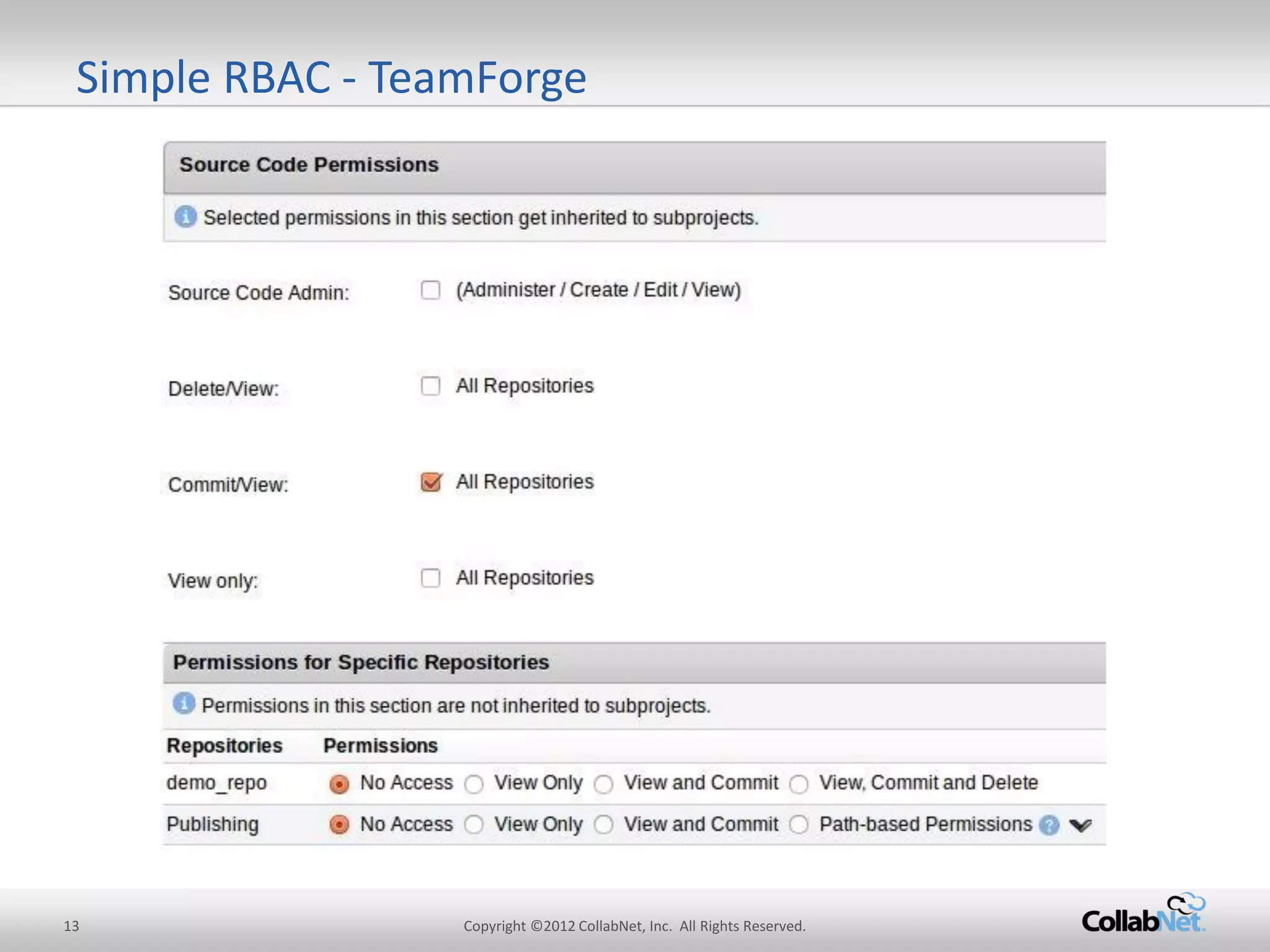 13 
Copyright ©2012 CollabNet, Inc. All Rights Reserved. 
Simple RBAC - TeamForge  
