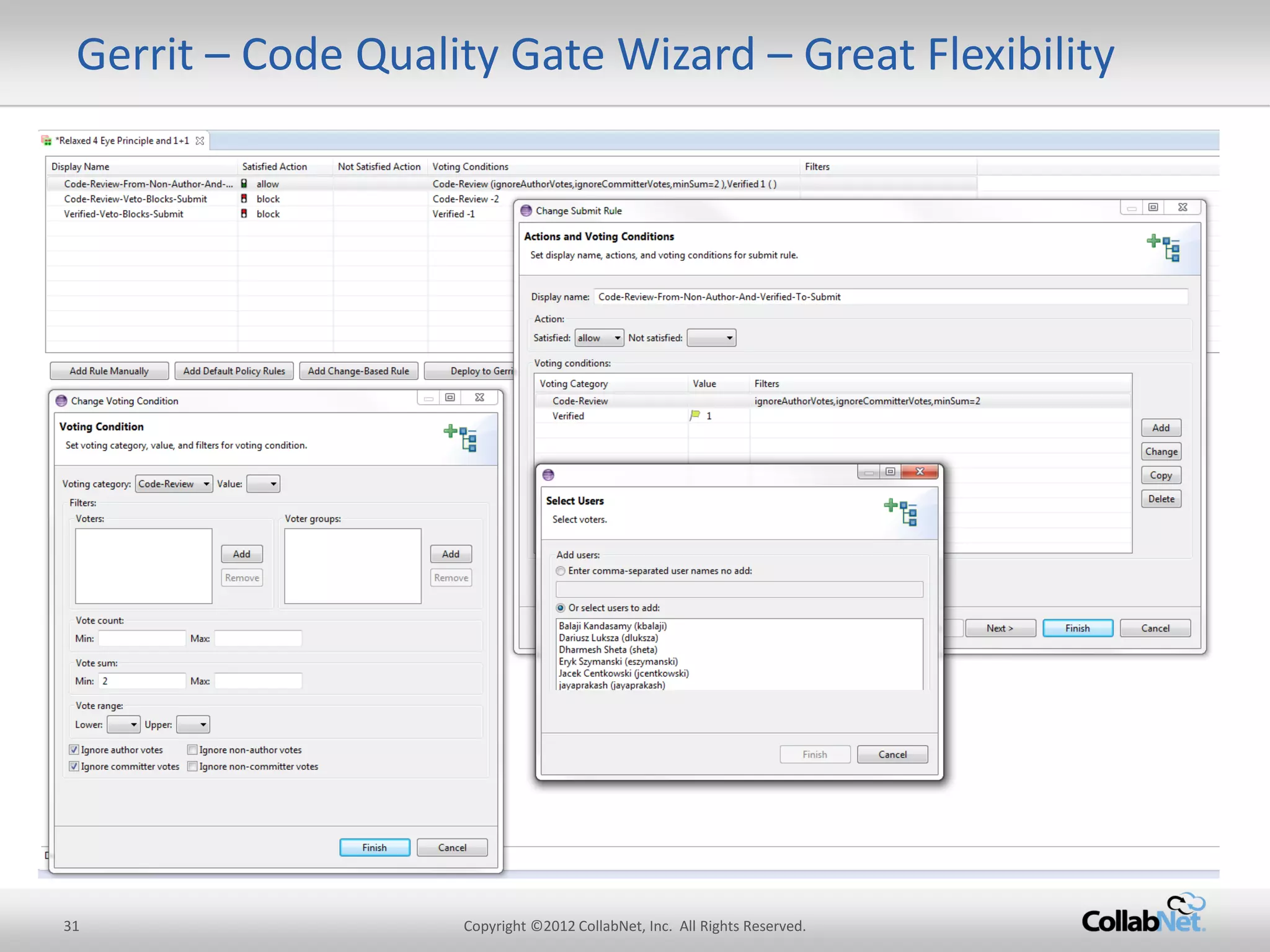31 
Copyright ©2012 CollabNet, Inc. All Rights Reserved. 
Gerrit – Code Quality Gate Wizard – Great Flexibility  