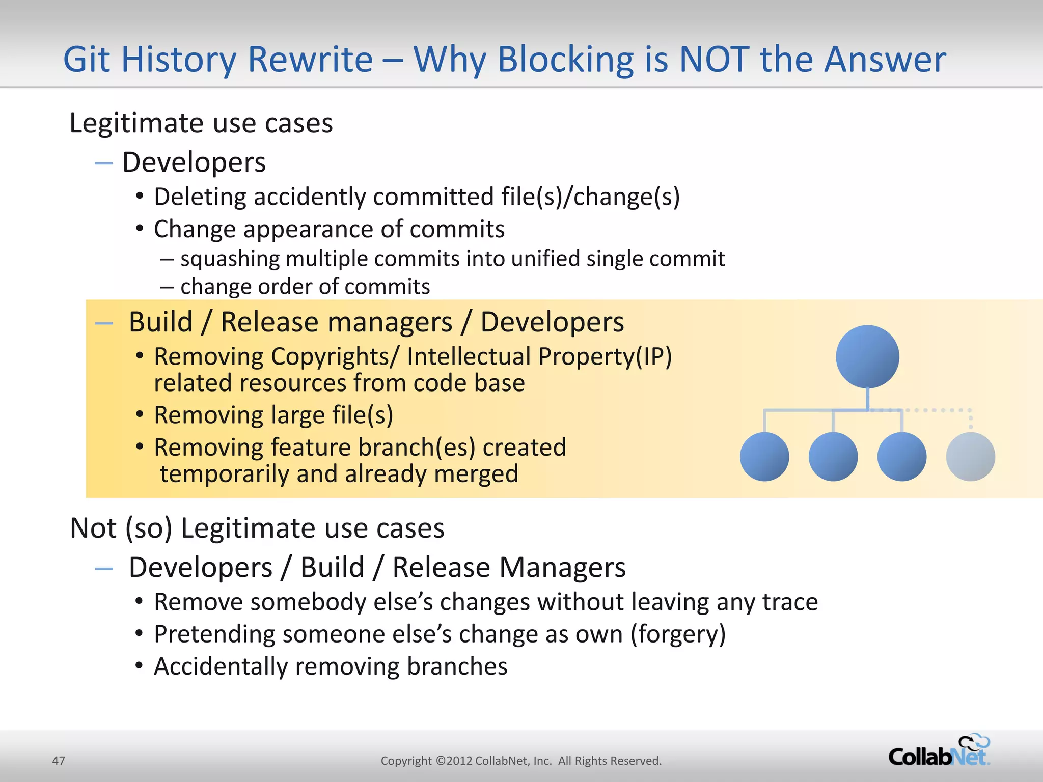 47 
Copyright ©2012 CollabNet, Inc. All Rights Reserved. 
Git History Rewrite – Why Blocking is NOT the Answer 
Legitimate use cases 
–Developers 
•Deleting accidently committed file(s)/change(s) 
•Change appearance of commits 
–squashing multiple commits into unified single commit 
–change order of commits 
–Build / Release managers / Developers 
•Removing Copyrights/ Intellectual Property(IP) related resources from code base 
•Removing large file(s) 
•Removing feature branch(es) created temporarily and already merged 
Not (so) Legitimate use cases 
–Developers / Build / Release Managers 
•Remove somebody else’s changes without leaving any trace 
•Pretending someone else’s change as own (forgery) 
•Accidentally removing branches  