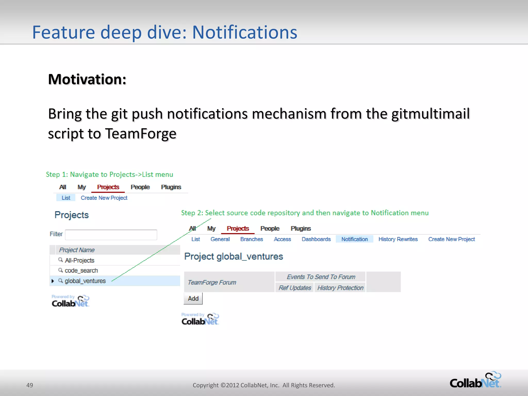 49 
Copyright ©2012 CollabNet, Inc. All Rights Reserved. 
Motivation: 
Bring the git push notifications mechanism from the gitmultimail script to TeamForge 
Feature deep dive: Notifications  
