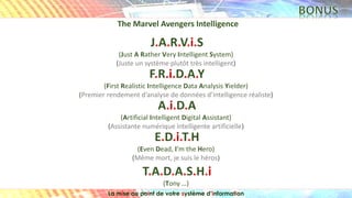 La mise au point de votre système d’information
The Marvel Avengers Intelligence
J.A.R.V.i.S
(Just A Rather Very Intellige...