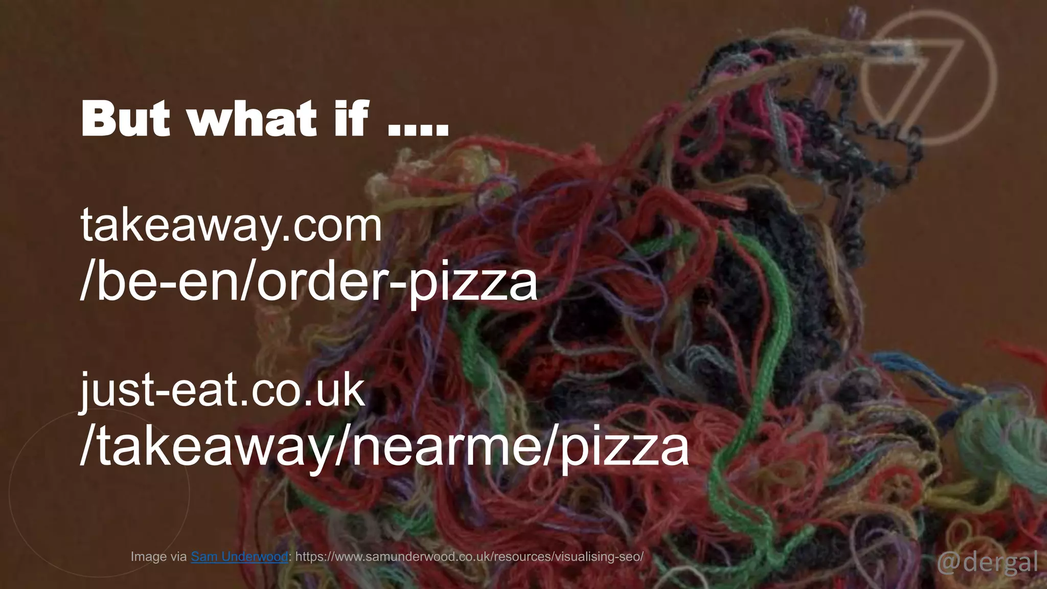 But what if ….
takeaway.com
/be-en/order-pizza
just-eat.co.uk
/takeaway/nearme/pizza
@dergal
Image via Sam Underwood: https://www.samunderwood.co.uk/resources/visualising-seo/
 