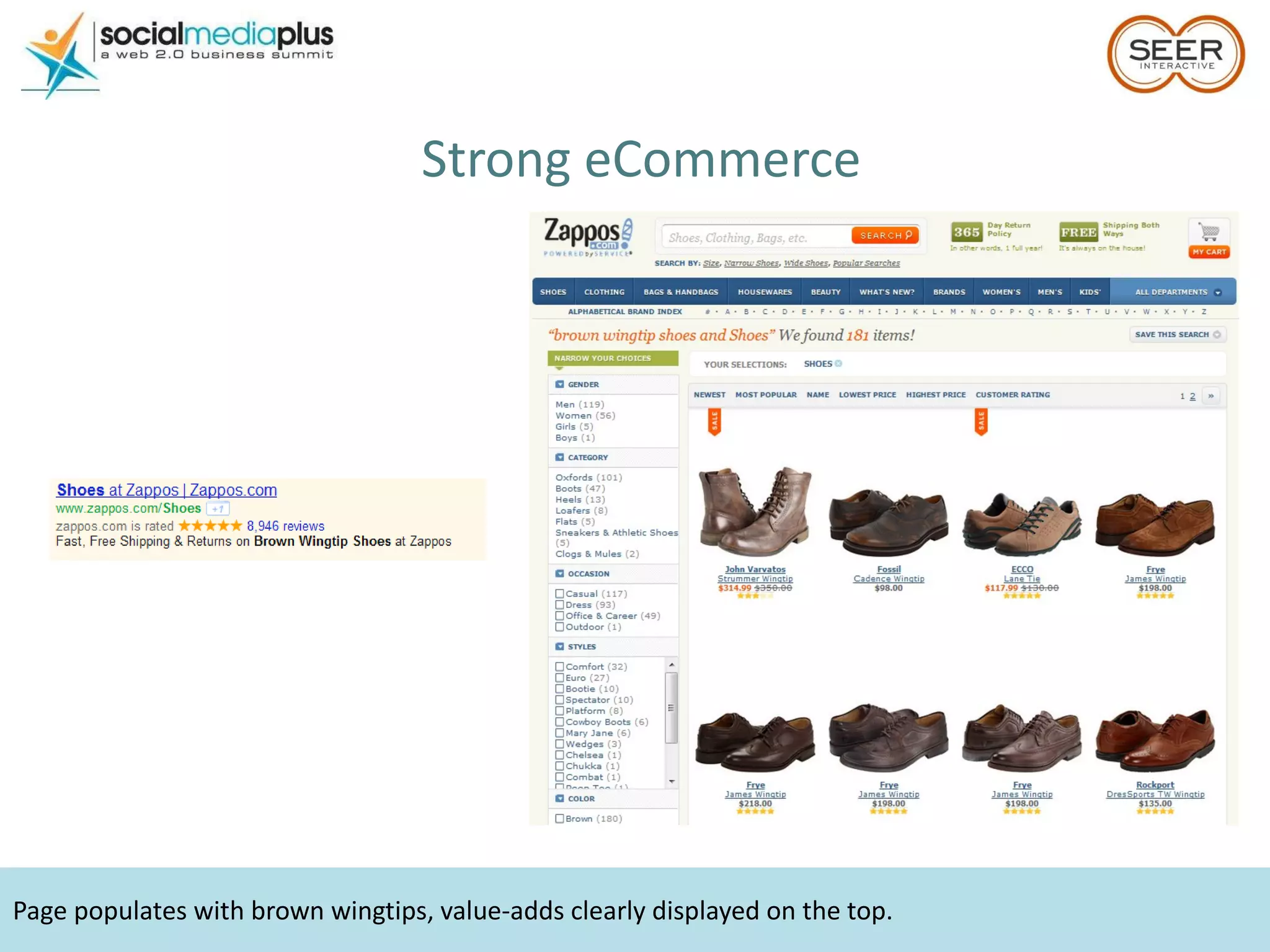 Page populates with brown wingtips, value-adds clearly displayed on the top. Strong eCommerce 