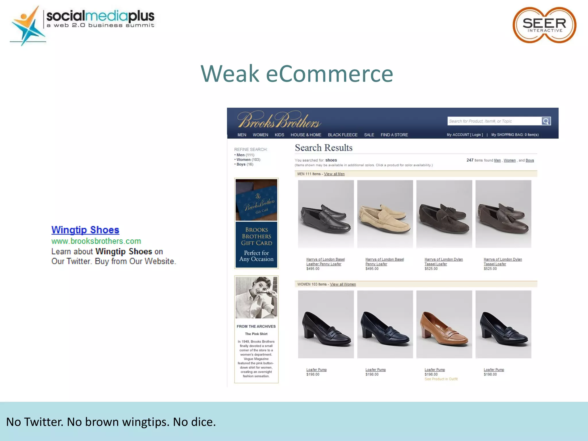 Weak eCommerce No Twitter. No brown wingtips. No dice. 