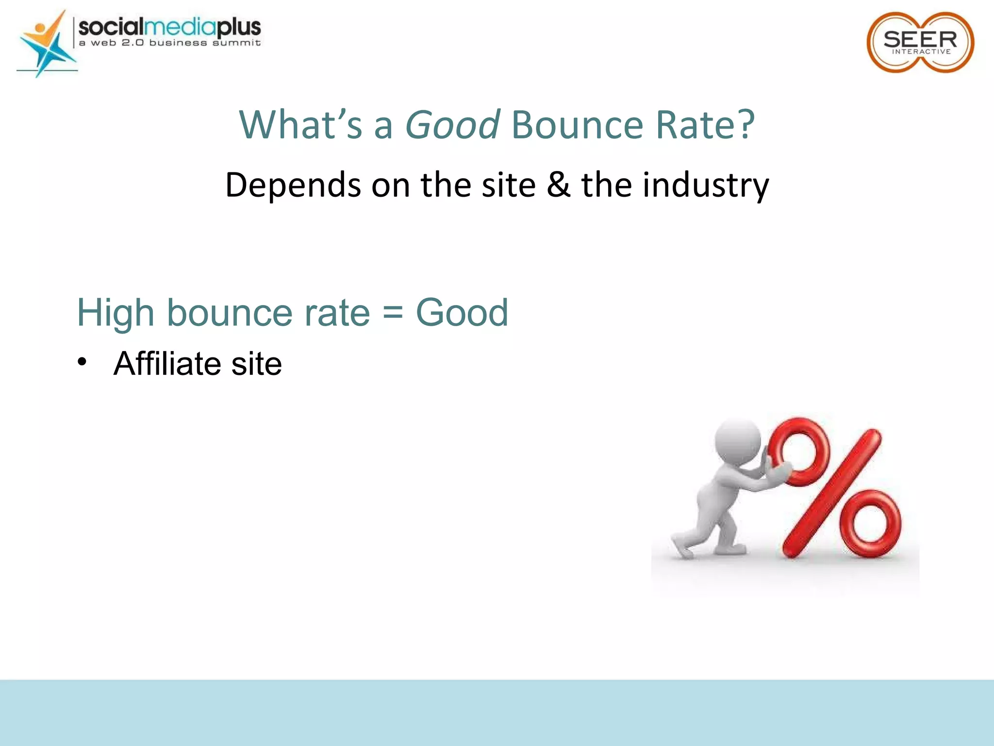 What’s a  Good  Bounce Rate? Depends on the site & the industry High bounce rate = Good Affiliate site 