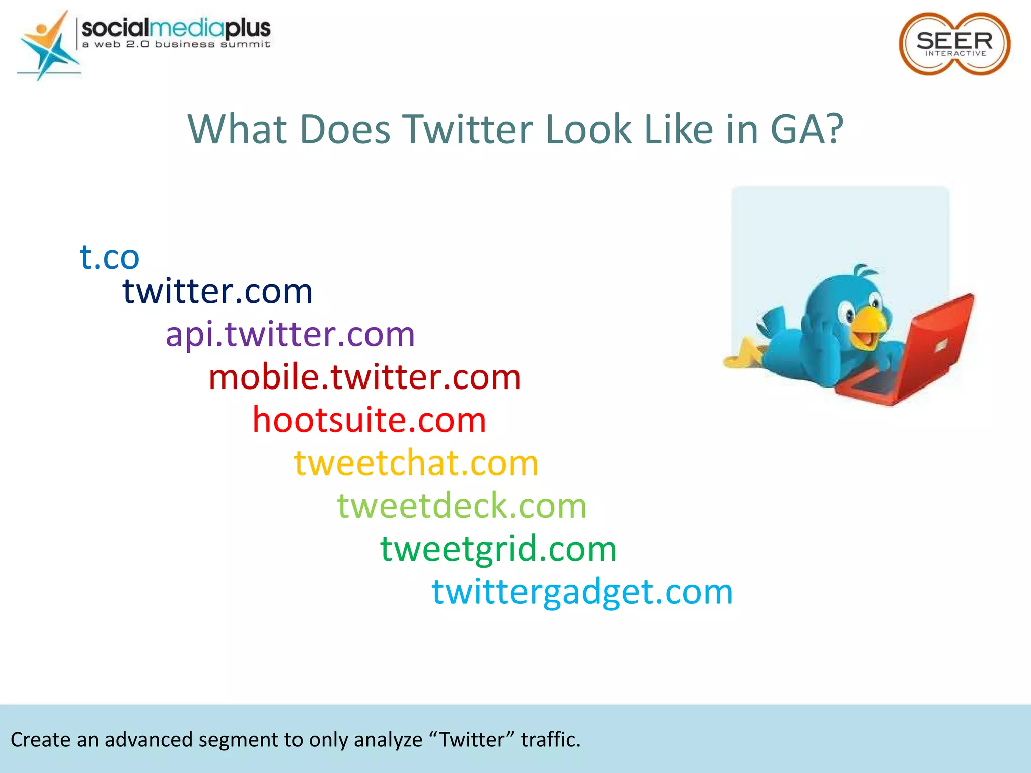 Create an advanced segment to only analyze “Twitter” traffic. What Does Twitter Look Like in GA? t.co twitter.com hootsuite.com tweetchat.com tweetdeck.com tweetgrid.com twittergadget.com api.twitter.com mobile.twitter.com 