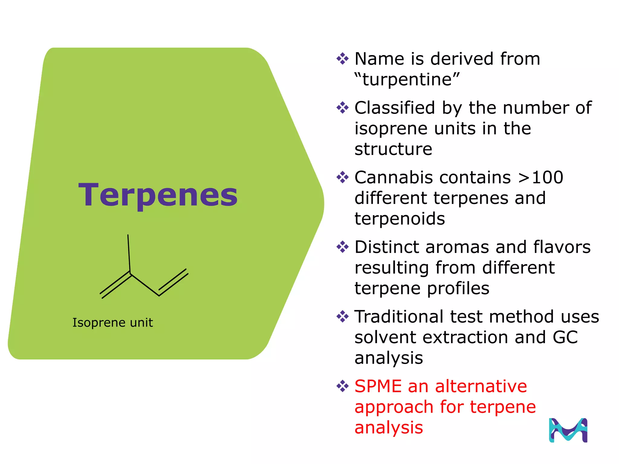 Terpenes
Isoprene unit
 Name is derived from
“turpentine”
 Classified by the number of
isoprene units in the
structure
 Cannabis contains >100
different terpenes and
terpenoids
 Distinct aromas and flavors
resulting from different
terpene profiles
 Traditional test method uses
solvent extraction and GC
analysis
 SPME an alternative
approach for terpene
analysis
 