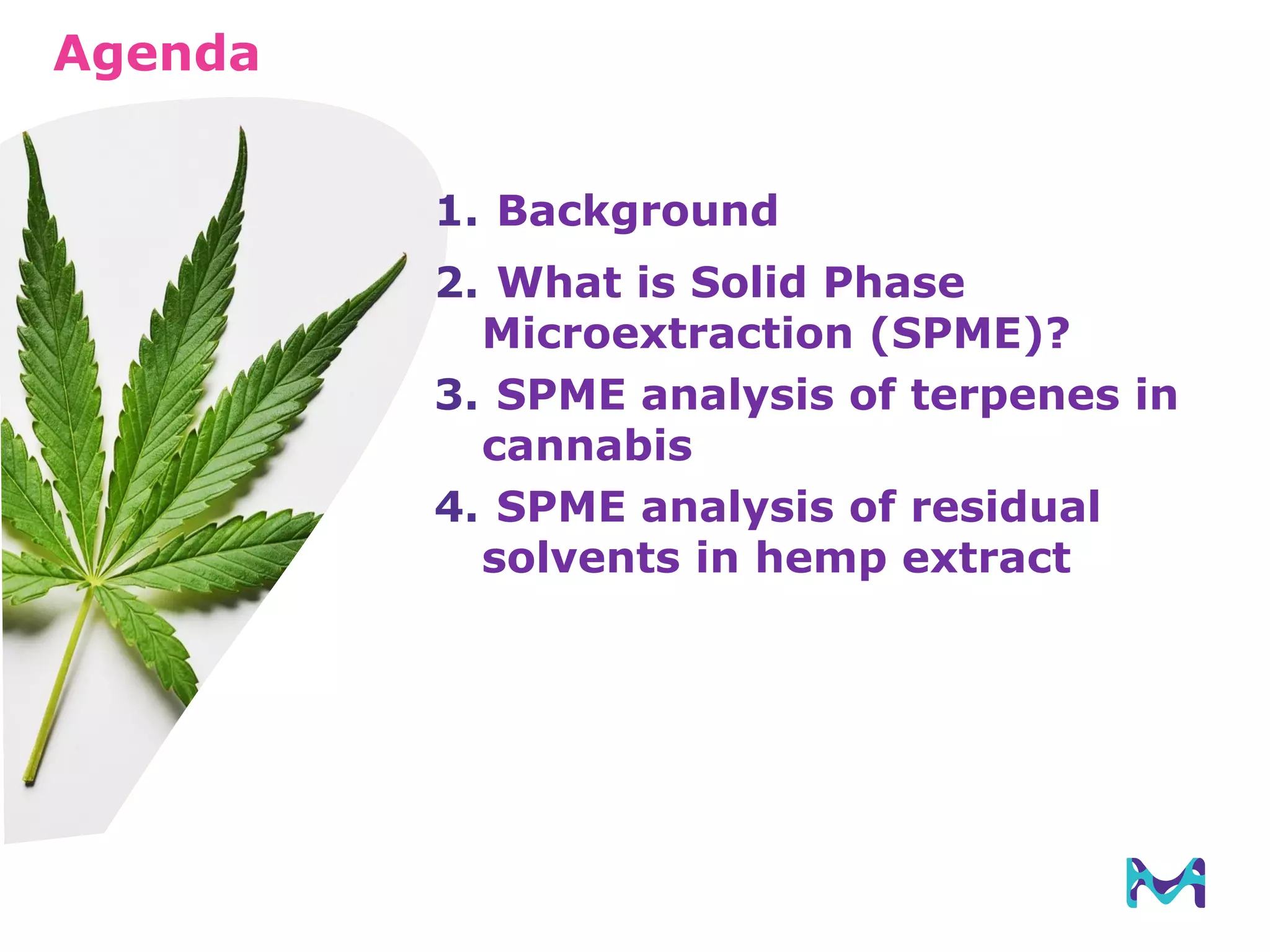 Agenda
1. Background
2. What is Solid Phase
Microextraction (SPME)?
3. SPME analysis of terpenes in
cannabis
4. SPME analysis of residual
solvents in hemp extract
 