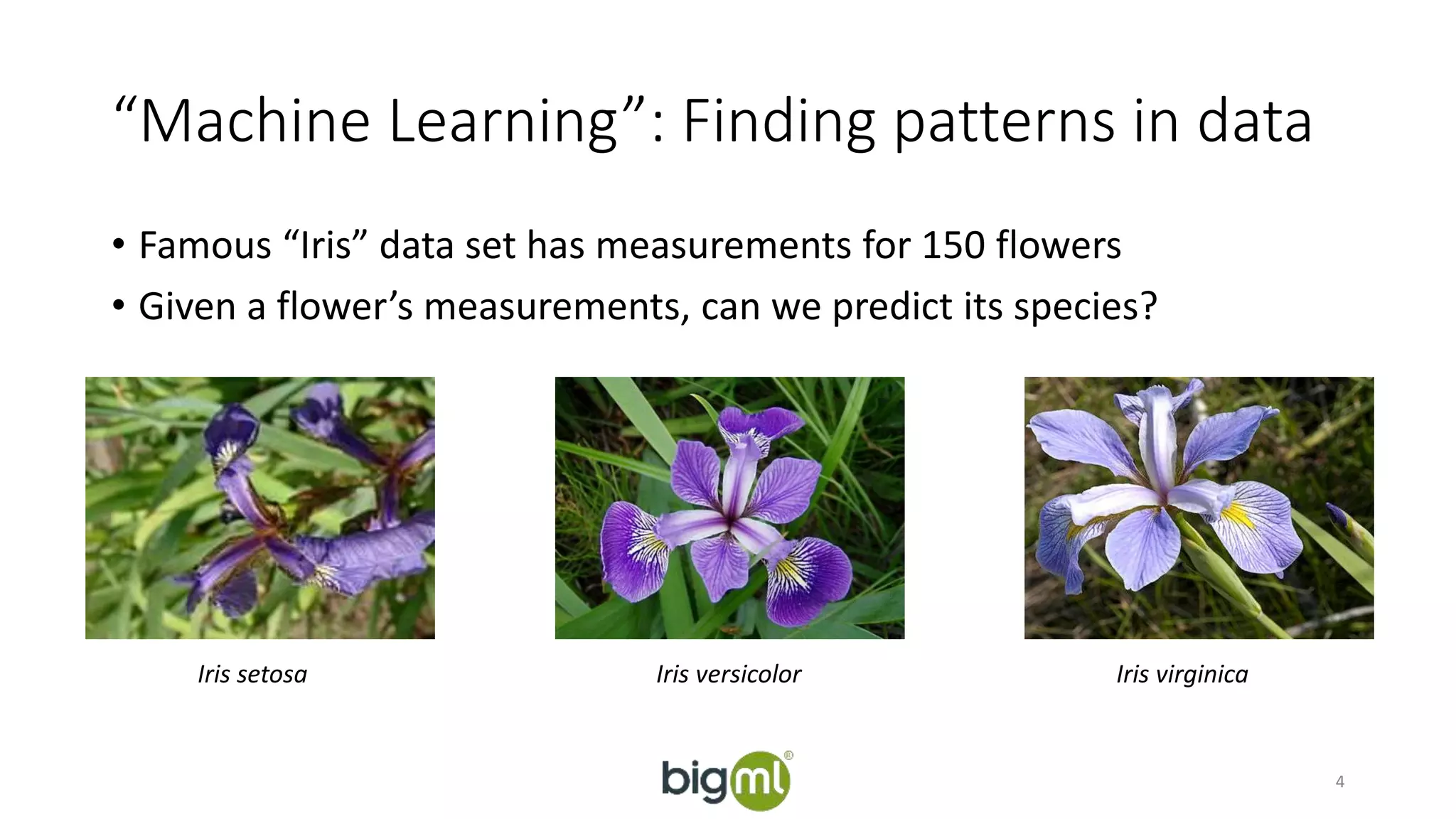 “Machine Learning”: Finding patterns in data 
• Famous “Iris” data set has measurements for 150 flowers 
• Given a flower’s measurements, can we predict its species? 
Iris setosa Iris versicolor Iris virginica 
4 
 