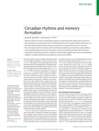REVIEWS




                                     Circadian rhythms and memory
                                     formation
                                     Jason R. Gerstner*§ and Jerry C. P. Yin*‡
                                     Abstract | There has been considerable progress in elucidating the molecular mechanisms
                                     that contribute to memory formation and the generation of circadian rhythms. However, it is
                                     not well understood how these two processes interact to generate long-term memory.
                                     Recent studies in both vertebrate and invertebrate models have shown time-of-day effects
                                     on neurophysiology and memory formation, and have revealed a possible role for cycling
                                     molecules in memory persistence. Together, these studies suggest that common mechanisms
                                     underlie circadian rhythmicity and long-term memory formation.

Zeitgeber                           Circadian rhythms are basic biological phenomena that               circadian alterations on neurophysiological processes
A German word that means            exist throughout phylogeny. They are influenced by                  that involve synaptic plasticity (such as long-term poten-
‘time-giver’. It refers to an       zeitgebers and regulate various physiological events that           tiation) and on memory formation in nocturnal (night-
exogenous cue, such as the          include the cell cycle, body temperature, metabolism, feed-         active), diurnal (day-active), and crepuscular model
light–dark cycle, that entrains
a circadian rhythm.
                                    ing and, perhaps most notably, the sleep–wake cycle. Far            systems. On the basis of the cycling pattern of molecu-
                                    less well understood is the relationship between circadian          lar cascades that are involved in memory formation, we
Circadian rhythm                    rhythm biology and memory formation. The impact of                  address whether the cyclical reactivation of these cas-
The regular cycling of biological   time-of-day effects and of circadian rhythms on cognitive           cades over the 24-hour day is essentially independent
processes in an organism over
                                    performance in humans1–3 and on memory in animals4–7                from inputs of the core time-keeping cells that are known
a ~24-hour period that occurs
regardless of the zeitgeber.
                                    have been studied for decades, and there has been a                 to contribute to locomotor rhythm output. This Review
                                    renewed interest in this topic in light of an increased             expands on previously understood circadian effects on
                                    understanding of the genetic, molecular and systems-                memory at the behavioural and physiological level, by
                                    level events that underlie these complex processes8.                focusing on recent data that show a possible involvement
                                    Recent discoveries have shown a high level of integration           of circadian cycling of specific molecular pathways in
*Department of Genetics,
                                    between cellular signalling cascades (such as the cyclic            long-term memory formation. Further background
University of Wisconsin–            AMP–mitogen-activated protein kinase (MAPK)–                        information has been published elsewhere on circadian
Madison, 3476 Genetics and          cAMP-responsive element-binding protein (CREB)                      rhythms9,10 and memory formation11,12.
Biotechnology, 425 Henry            pathway) that regulate circadian rhythms and memory
Mall, Madison, Wisconsin
                                    processing. Disruption of circadian rhythms or specific             Are clock genes memory genes?
53706, USA.
‡
  Department of Neurology,          signalling cascades that undergo time-of-day-depend-                The initial characterization of the molecular players
University of Wisconsin–            ent cycling, by behavioural, environmental, genetic or              involved in the generation of circadian rhythms was
Madison, 3434 Genetics and          pharmacological means, has negative consequences on                 carried out in the Drosophila melanogaster model. Over
Biotechnology, 425 Henry            memory and cognitive performance in various tasks and               three decades ago, work on fruitflies showed that the
Mall, Madison, Wisconsin
53706, USA.
                                    in several species. Given that modern society is becoming           periodic timing of the eclosion rhythm was dependent
§
  Present address: Center for       less dependent on the natural 24-hour light–dark cycle,             on the strain of fly. This suggested a genetic basis for
Sleep and Respiratory               an increased understanding of the functional relationship           the circadian regulation of this process, prompting a for-
Neurobiology, University of         between circadian rhythms and cognitive function has                ward mutagenesis screen that identified the first clock
Pennsylvania School of
                                    broad implications for public health9.                              gene, period (per)13. This gene was eventually cloned
Medicine, Translational
Research Laboratories,                  Here, we summarize studies that have shown a                    independently by separate laboratories14,15. Levels of per
125 South 31st Street,              time-of-day effect on memory formation and compare                  mRNA and protein were shown to cycle in a circadian
Suite 2100, Philadelphia,           the emerging common themes in various invertebrate                  manner in flies and mammals and to be a part of a phy-
Pennsylvania 19104‑3403,            and vertebrate species. We first describe the molecular             logenetically conserved transcriptional auto-regulatory
USA.
E‑mails: jrgerstn@gmail.com;
                                    pathways and time-of-day-dependent neuronal activity                feedback loop (FIG. 1) that is necessary for the synchro-
jcyin@wisc.edu                      patterns that are conserved in circadian pacemaker cells            nized expression of the circadian rhythm of locomotor
doi:10.1038/nrn2881                 in flies and rodents. Next, we present work that shows              activity 16,17. In D. melanogaster, mutations in per result


NATuRE REvIEWs | NeuroscieNce                                                                                                    vOLuME 11 | AuGusT 2010 | 577

                                                         © 2010 Macmillan Publishers Limited. All rights reserved
 