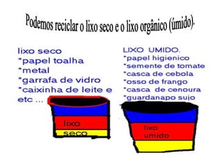 Podemos reciclar o lixo seco e o lixo orgânico (úmido). 