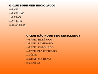 O QUE PODE SER RECICLADO? PAPEL PAPELÃO LATAS VIDROS PLÁSTICOS O QUE NÃO PODE SER RECICLADO? PAPEL HIGIÊNICO PAPEL LAMINADO PAPEL CABONADO PAPELPLASTIFICADO TÊNIS GUARDA CHUVA CANETA 