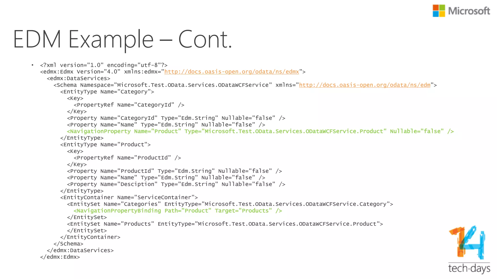EDM Example – Cont.
• Category Entity:
• http://localhost/odata/Categories(1)
• Product under this category
• http://localhost/odata/Categories(1)/Product
• Through navigation binding defined in the Categories
and the navigation property defined in the Category,
target entity set Products can be found
• Entity product can be located in entity set Products
 