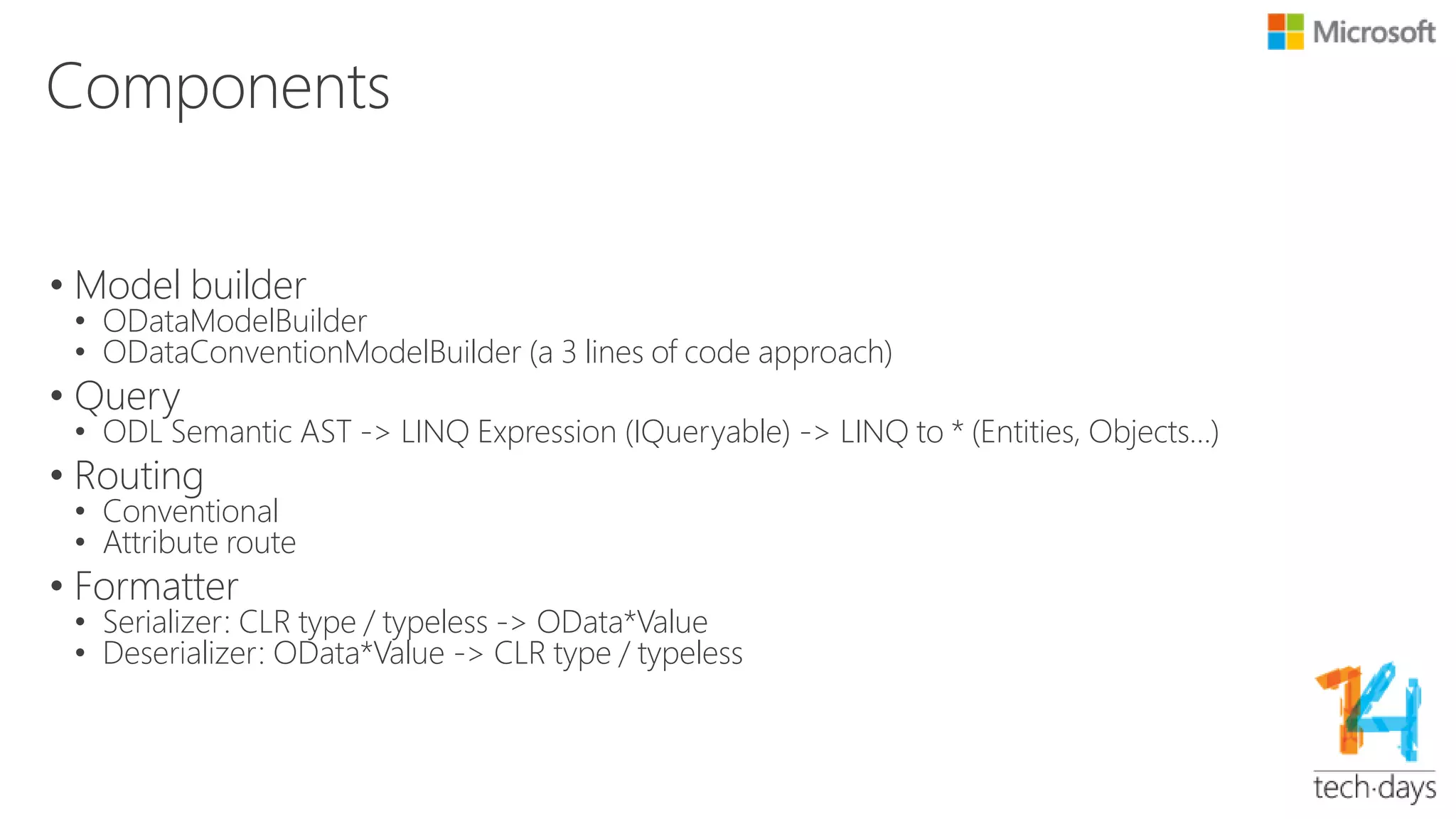Routing Examples
// Metadata routes to support $metadata and code generation in the
// WCF Data Service client.
configuration.Routes.MapHttpRoute(
ODataRouteNames.Metadata,
"$metadata",
new { Controller = "ODataMetadata", Action = "GetMetadata" }
);
configuration.Routes.MapHttpRoute(
ODataRouteNames.ServiceDocument,
"",
new { Controller = "ODataMetadata", Action = "GetServiceDocument" }
);
 