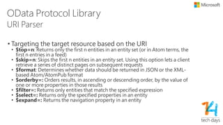 OData Protocol Library – Cont.
• http://services.odata.org/V3/Northwind/Northwind.svc/Order_Details?$top=5
&$select=OrderID,ProductID&$skip=1&$filter=OrderID gt 10248
• Parsed result of request URI as an ODataUri object
• TopCount
• SkipCount
• SelectExpandClause
• List<SelectedItem>
– PathSelectionItem
» Path=OrderID
– PathSelectionItem
» Path=ProductID
• FilterClause
• FilterExpression
 