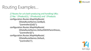 Model Builder
• ODataConventionModelBuilder
• Use reflection and conventions to generate an Edm model
• Reflection
• Type
• PropertyInfo
• MethodInfo
• Conventions
• AttributeConvention
• AttributeEdmTypeConvention: [DataContract]
• AttributeEdmPropertyConvention:
• [Key]
• [DataMember]
• [IgnoreDataMember]
• [Required]
• [ConcurrencyCheck]…
 