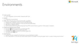 Sharing binaries using Internal NuGet
Gallery
• Consuming projects bind to explicit version of package
• The NuGet package expresses its dependencies, which automatically get included
• At build time, referenced packages and its dependencies are automatically
downloaded
• Advantages:
• Explicit versioning; less breakages due to dependency changes
• Implicit dependency management, reduced breakage due to missing
dependencies
• Developers and build systems use the same versions and dependencies
• Packages references are managed per project
• Build system only needs to download once
• Use of internal NuGet gallery improves sharing due to increased
discoverability
• No need to check in binaries which keeps the source tree clean and slim!
 