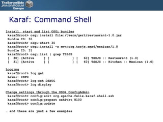 Karaf: Command Shell Install, start and list OSGi bundles karaf@root> osgi:install file:/Users/gert/restaurant-1.0.jar Bundle ID: 30 karaf@root> osgi:start 30 karaf@root> osgi:install -s mvn:org.tssjs.smx4/mexican/1.0 Bundle ID: 31 karaf@root> osgi:list | grep TSSJS  [  30] [Active  ] [  ] [  60] TSSJS :: Restaurant (1.0) [  31] [Active  ] [  ] [  60] TSSJS :: Kitchen :: Mexican (1.0) Logging karaf@root> log:get Level: INFO karaf@root> log:set DEBUG karaf@root> log:display Change settings through the OSGi ConfigAdmin   karaf@root> config:edit org.apache.felix.karaf.shell.ssh  karaf@root> config:propset sshPort 8100 karaf@root> config:update  …  and these are just a few examples 